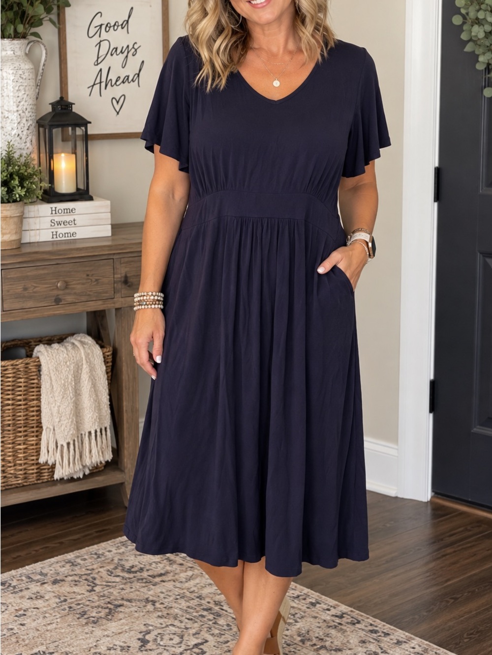 Christopher & Banks Navy V-Neck Midi Dress with Flutter Sleeves